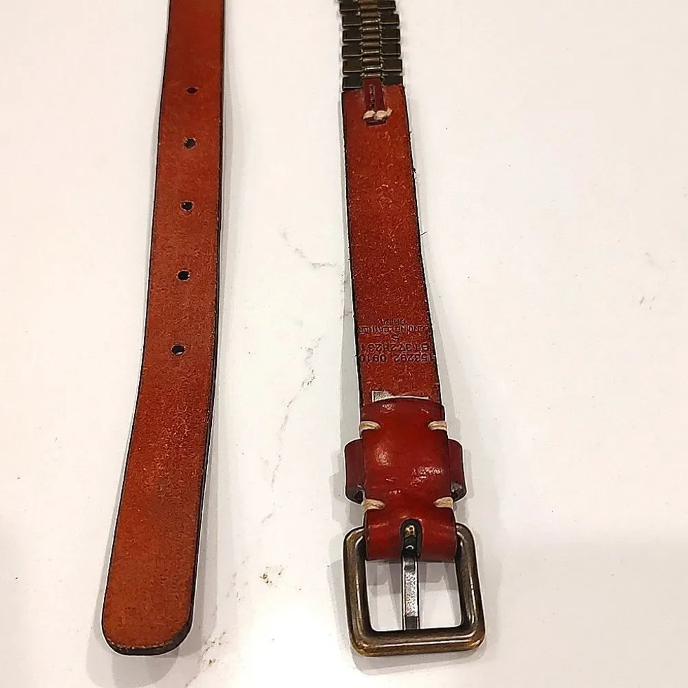 Fossil Brown Leather and Dark Brass Linked Metal Belt